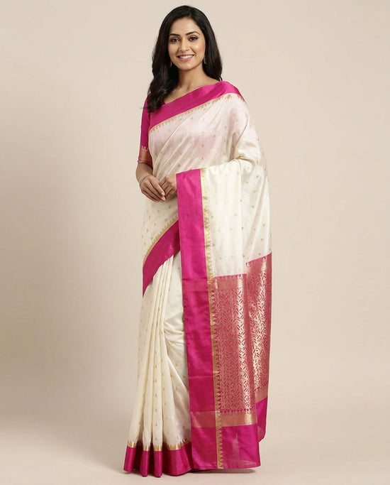 Off White Banarasi Saree with Woven Motif - Rangoli India