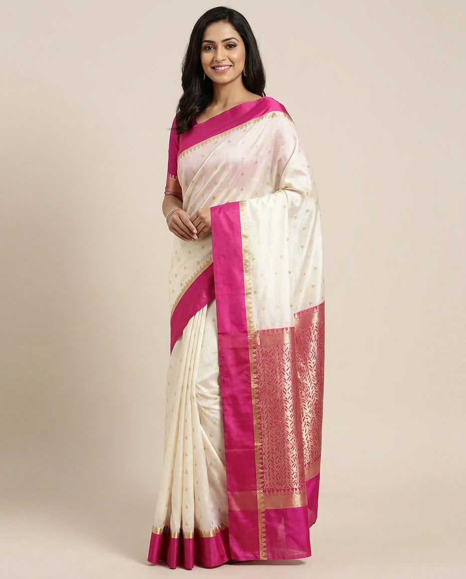 Off White Banarasi Saree with Woven Motif - Rangoli India