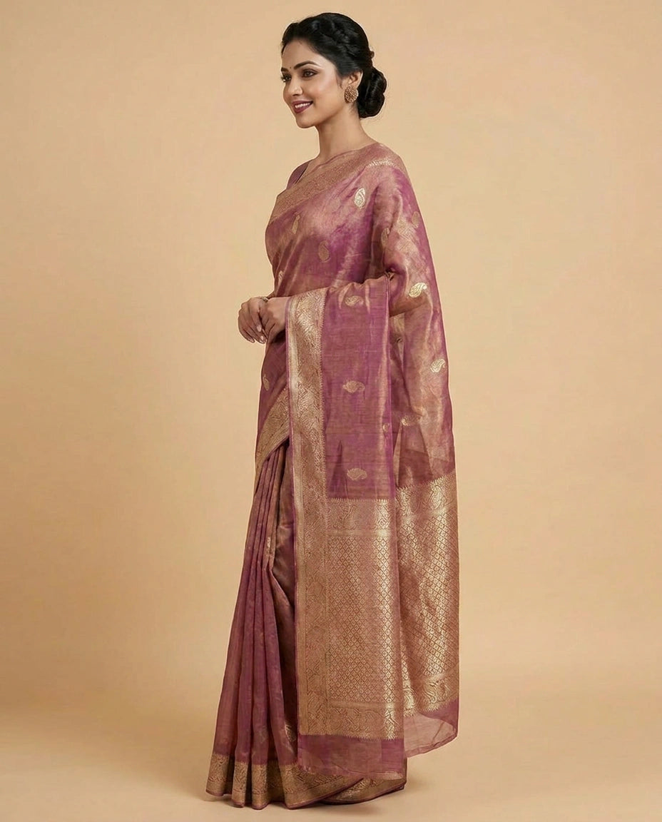 Tissue Banarasi Saree with Woven Golden Motifs and Border - Rangoli India