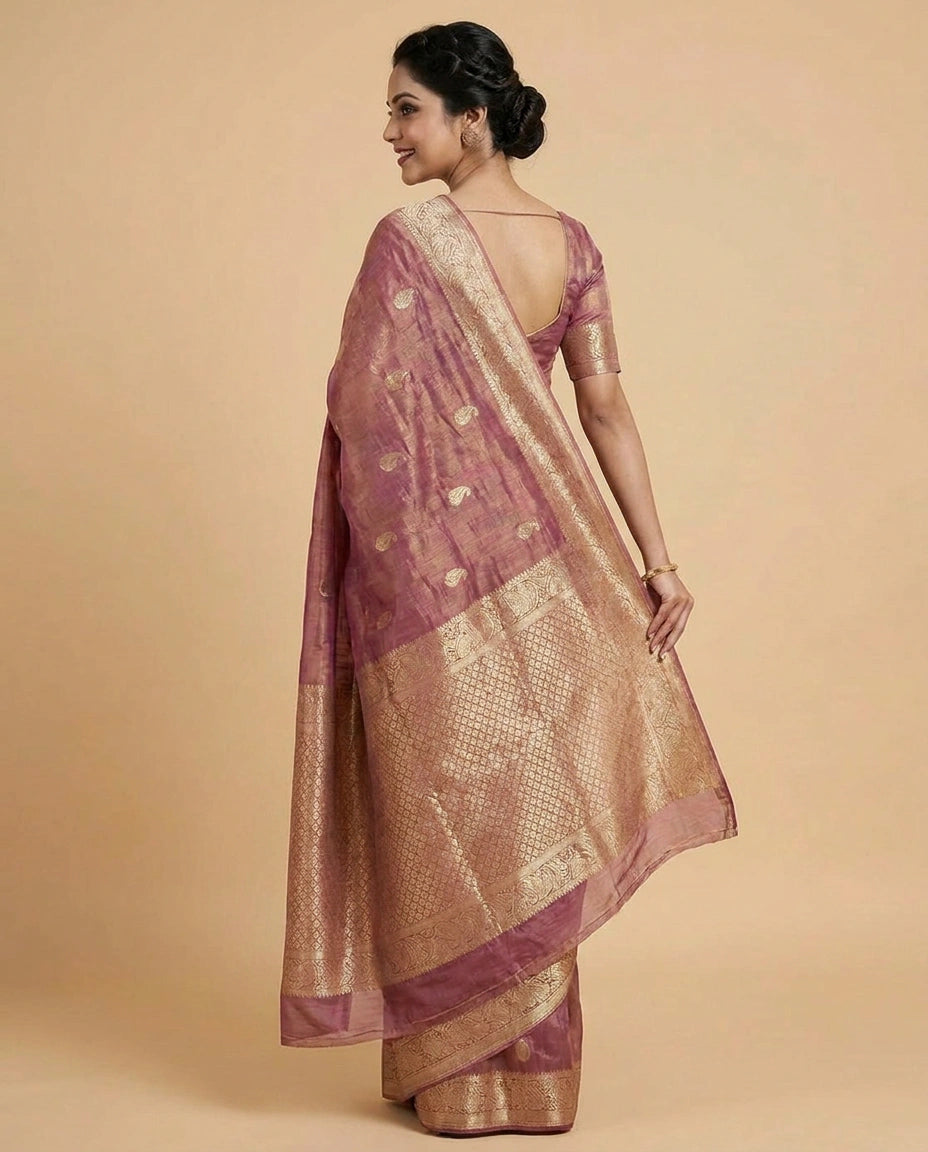 Tissue Banarasi Saree with Woven Golden Motifs and Border - Rangoli India