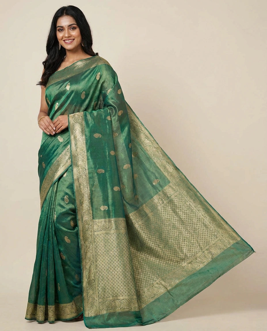 Tissue Banarasi Saree with Woven Golden Motifs and Border - Rangoli India