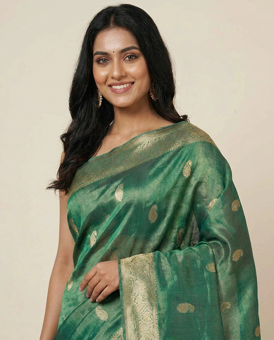 Tissue Banarasi Saree with Woven Golden Motifs and Border - Rangoli India