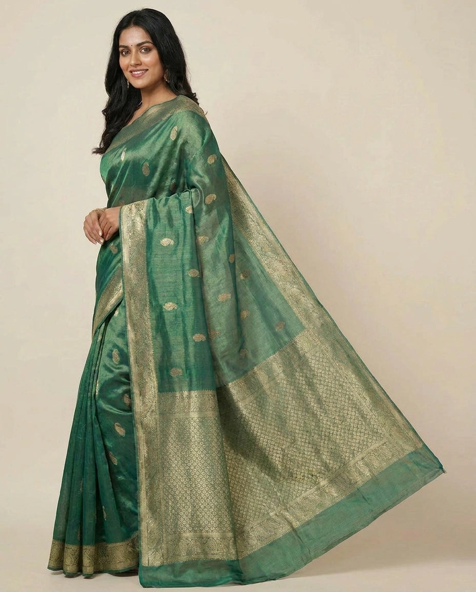 Tissue Banarasi Saree with Woven Golden Motifs and Border - Rangoli India