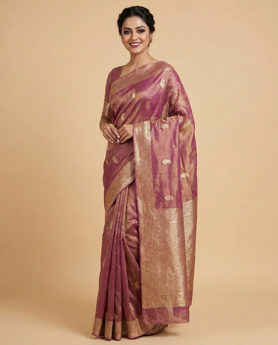 Tissue Banarasi Saree with Woven Golden Motifs and Border - Rangoli India
