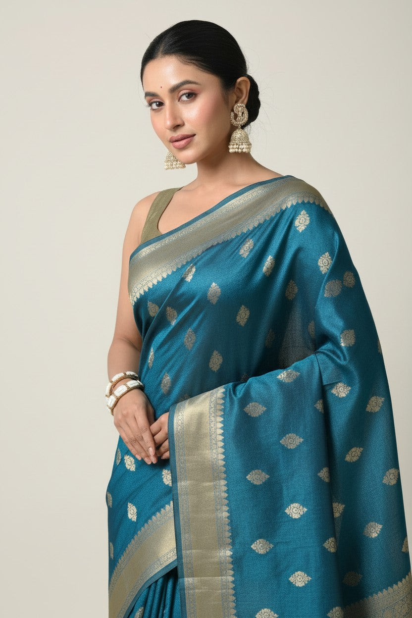 Handcrafted Pure Silk Katan Assamese Silk Saree - Mehandi | Rangoli