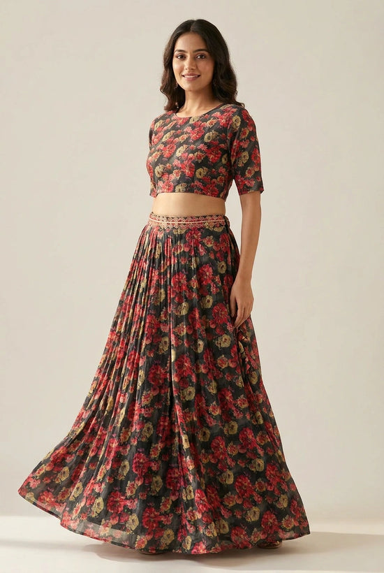 Grey Chinon Crop Top Lehenga with Sequin Work for Sangeet Night