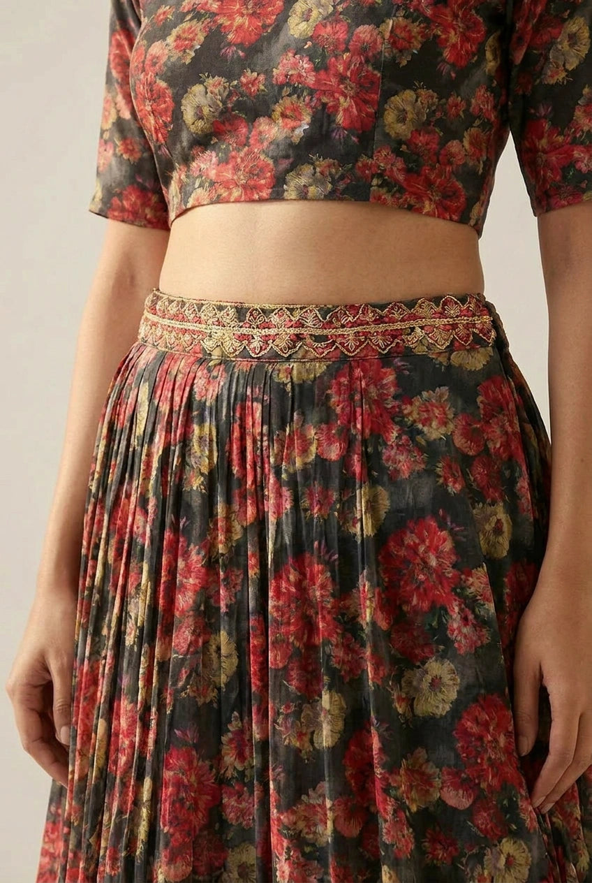 Grey Chinon Crop Top Lehenga with Sequin Work for Sangeet Night