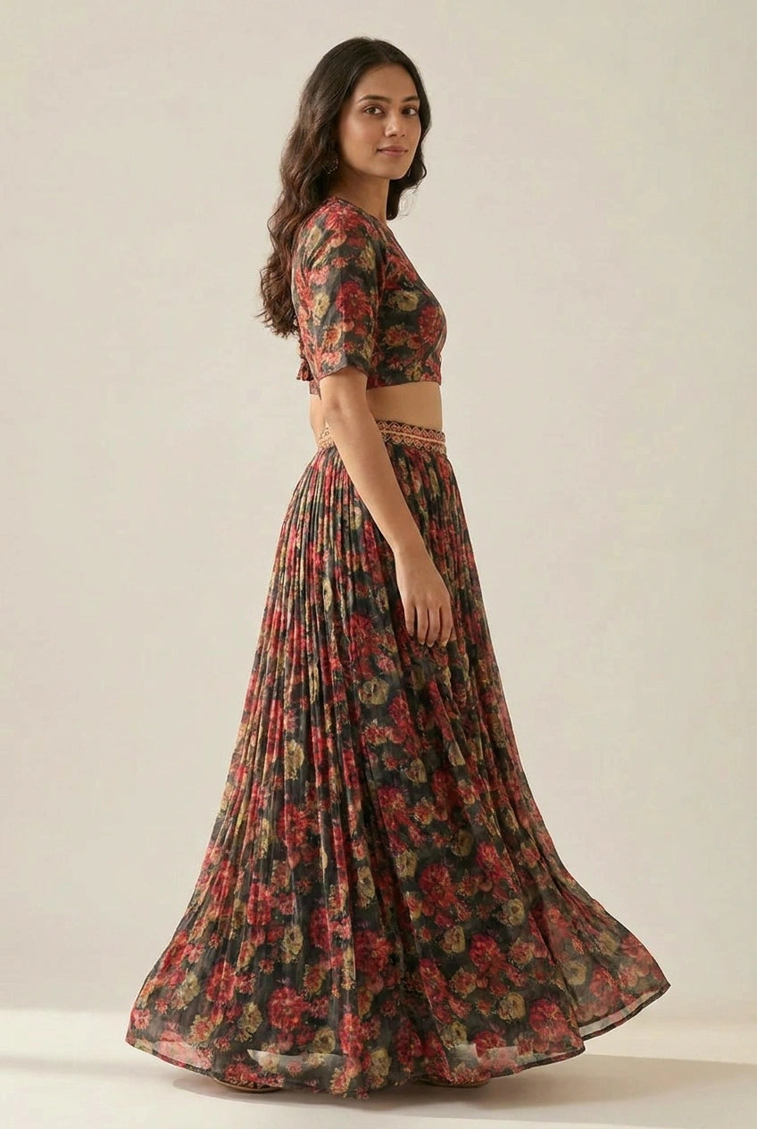 Grey Chinon Crop Top Lehenga with Sequin Work for Sangeet Night