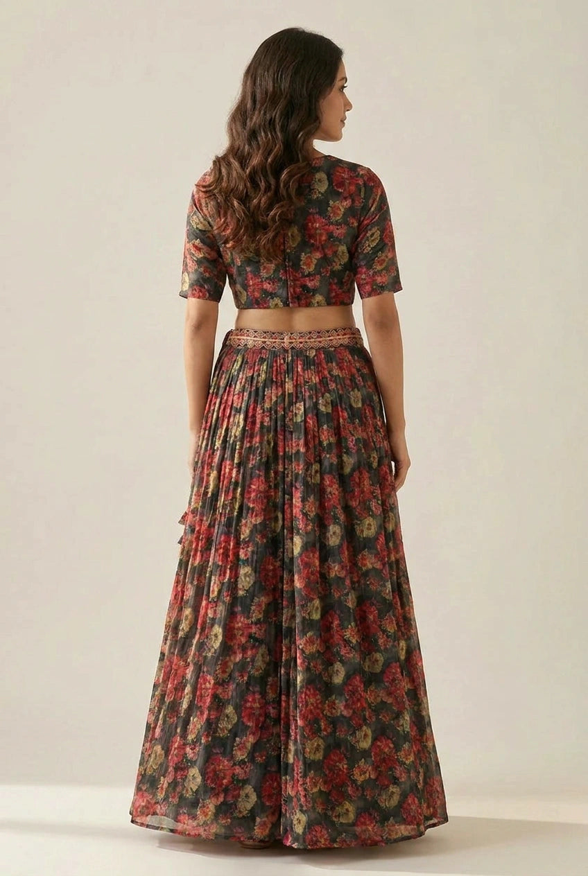 Grey Chinon Crop Top Lehenga with Sequin Work for Sangeet Night