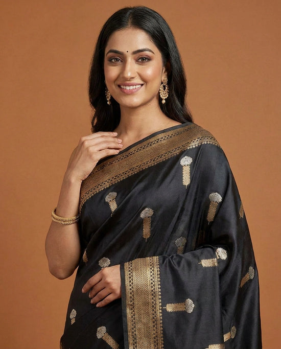 Satin Silk Banarasi Saree with Tasselled Pallu - Rangoli India