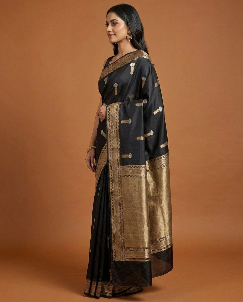 Satin Silk Banarasi Saree with Tasselled Pallu - Rangoli India