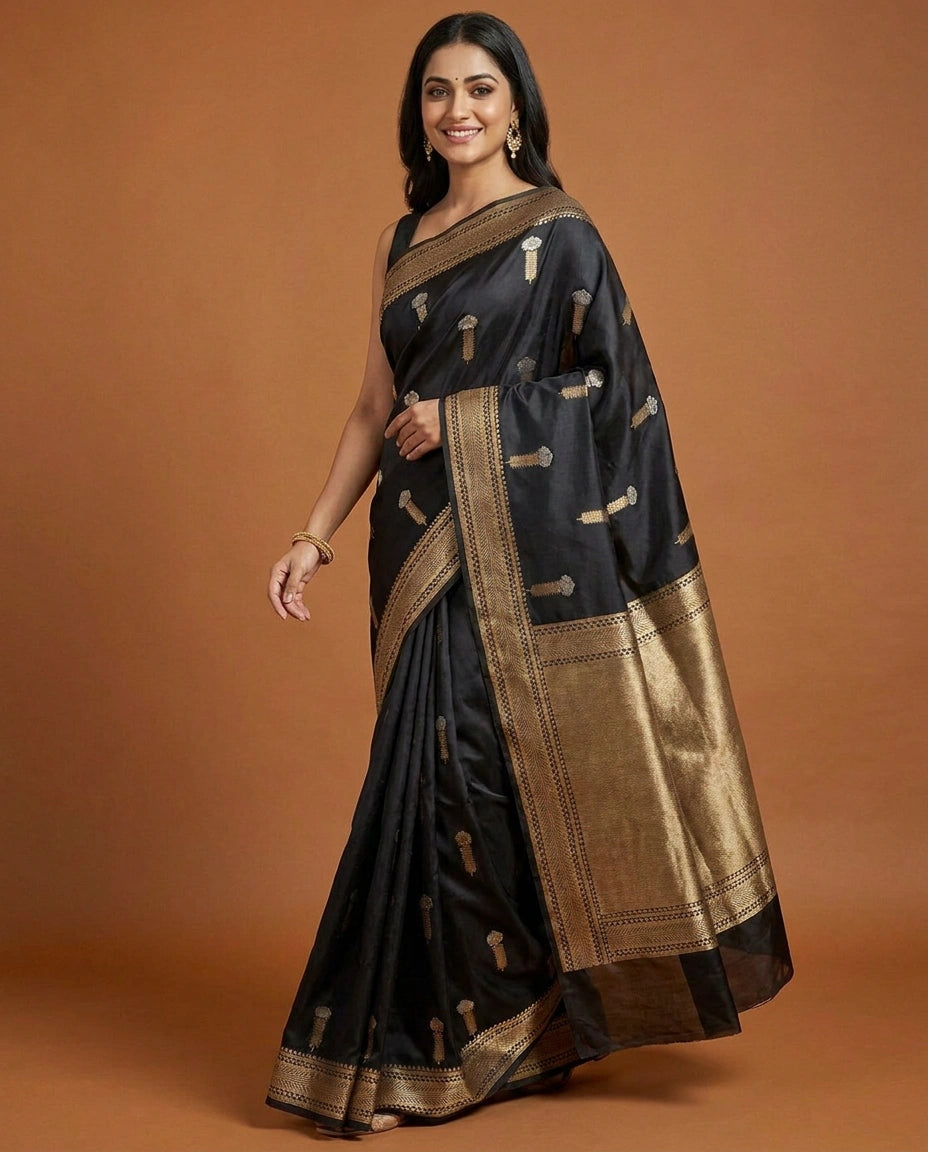 Satin Silk Banarasi Saree with Tasselled Pallu - Rangoli India