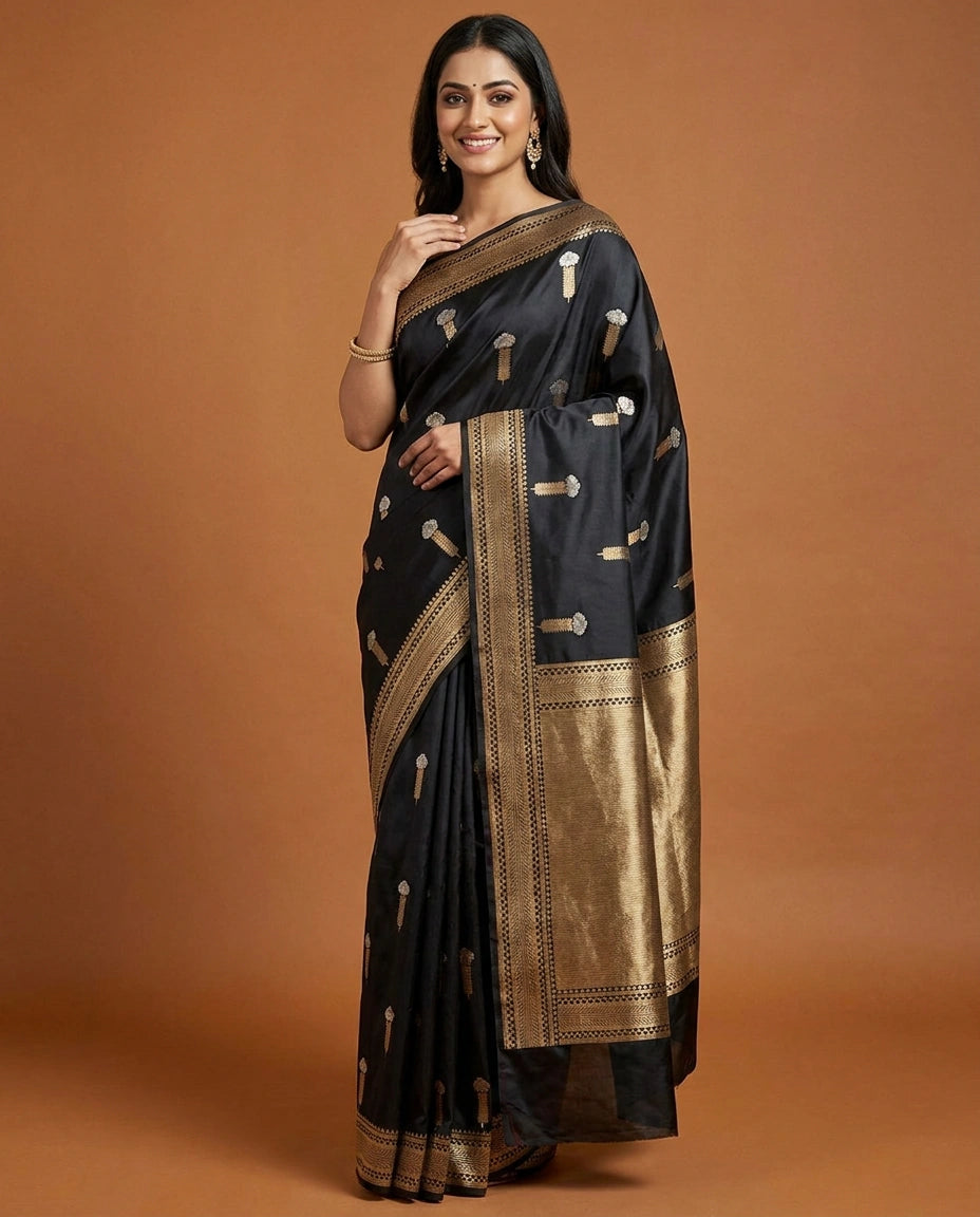 Satin Silk Banarasi Saree with Tasselled Pallu - Rangoli India