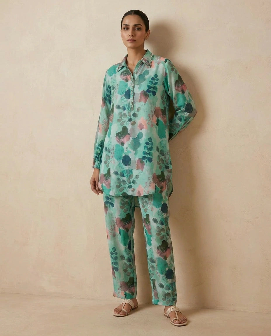 Turquoise Blue Muslin Co-ord Set with Co-ord Styling view 2