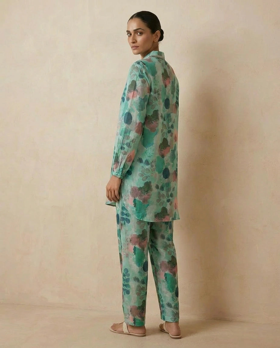 Turquoise Blue Muslin Co-ord Set with Co-ord Styling view 3