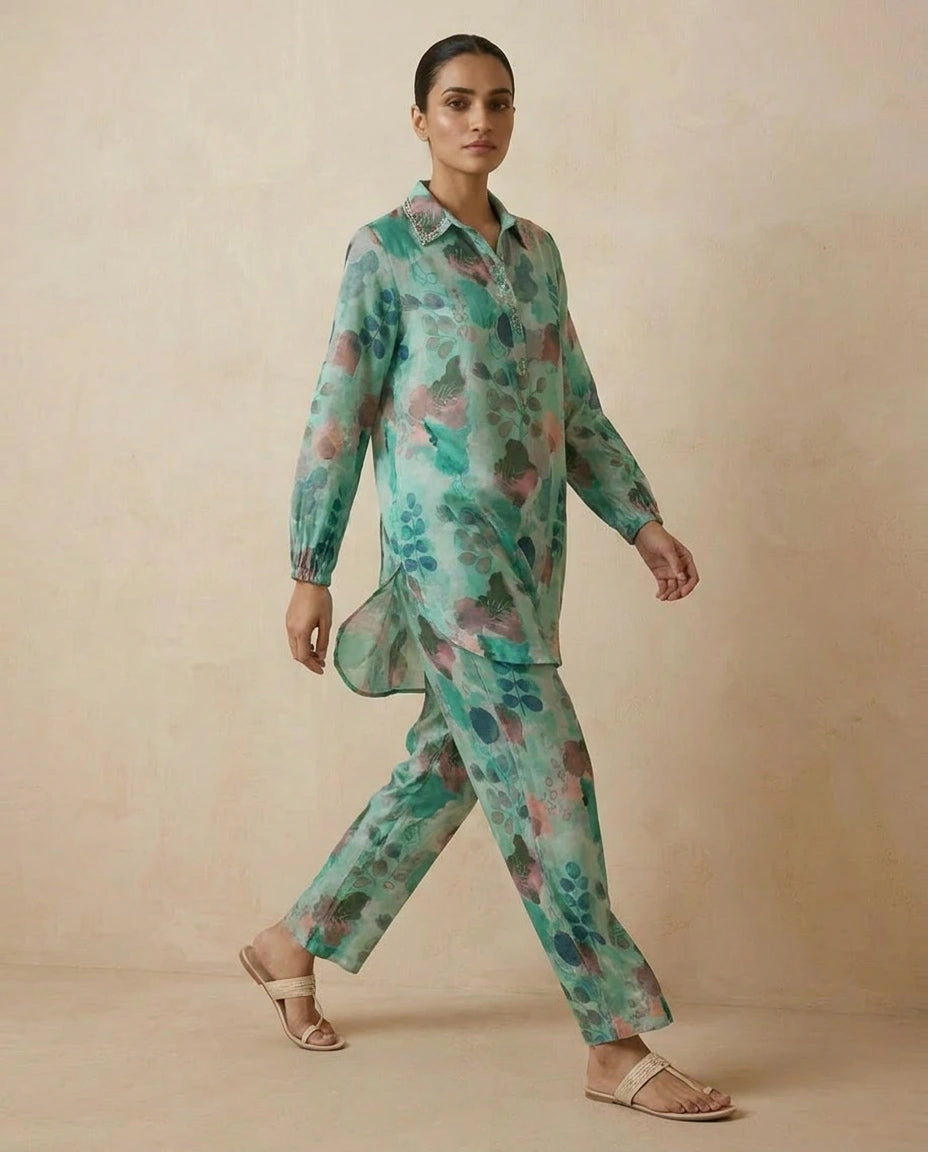 Turquoise Blue Muslin Co-ord Set with Co-ord Styling view 4