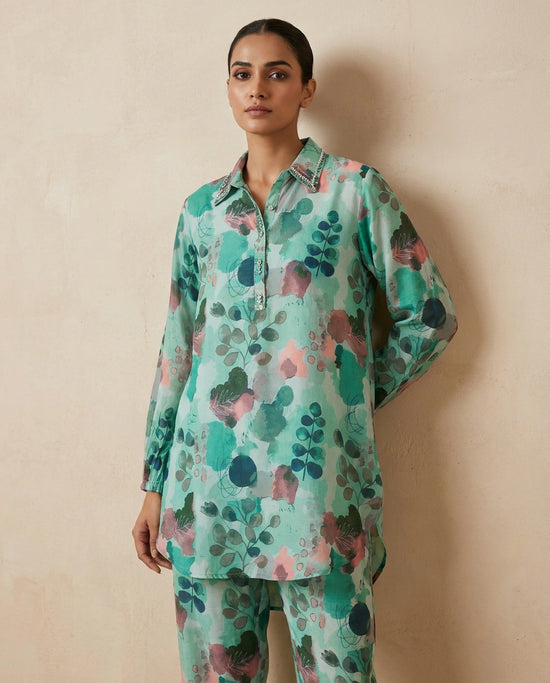 Turquoise Blue Muslin Co-ord Set with Co-ord Styling - Rangoli India