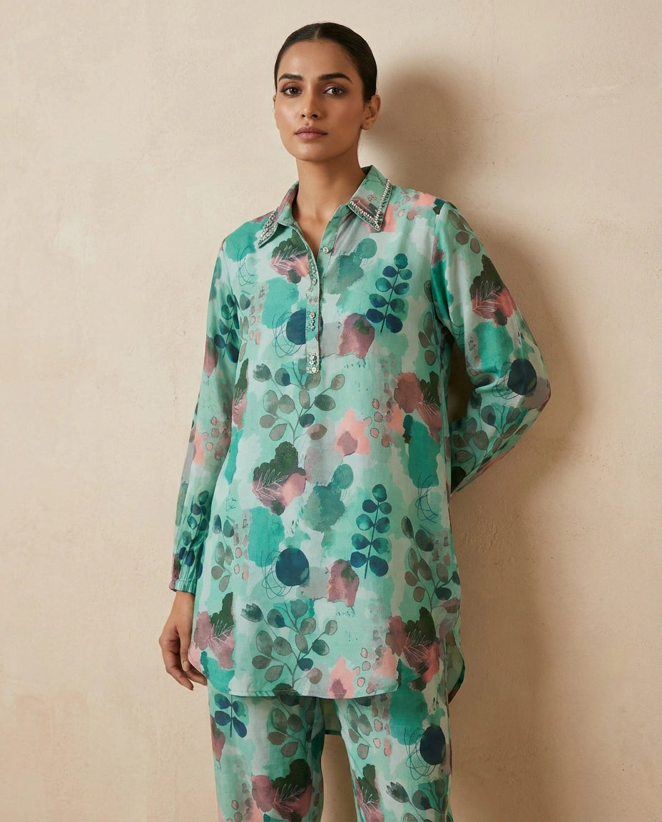 Turquoise Blue Muslin Co-ord Set with Co-ord Styling - Rangoli India