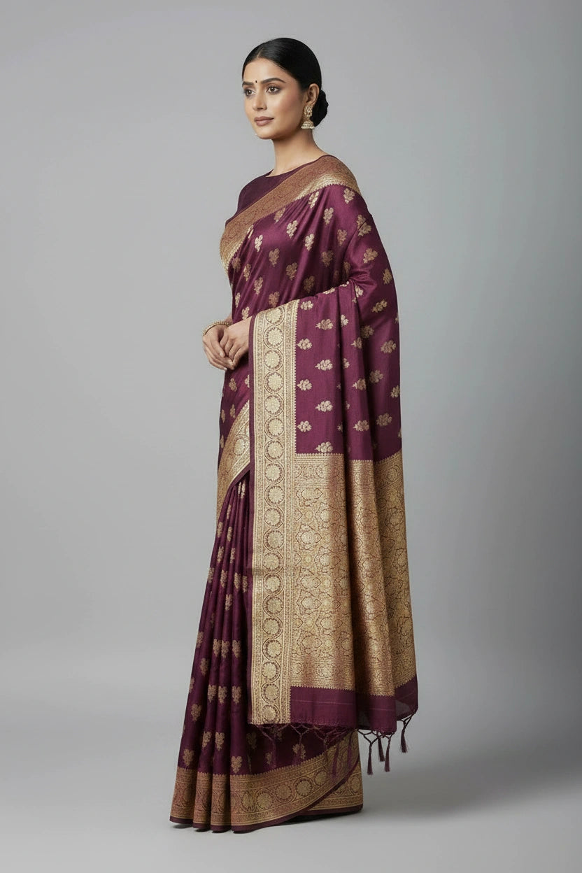Magenta Satin Silk Banarasi Saree with Bridal Jaal