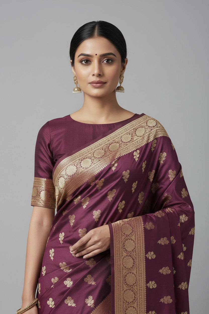 Magenta Satin Silk Bridal Banarasi Saree for Bridal Wear