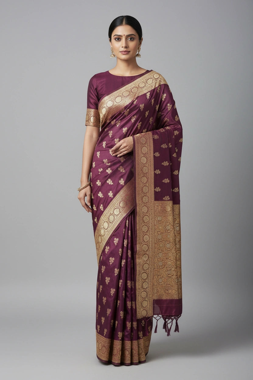 Magenta Satin Silk Bridal Banarasi Saree for Bridal Wear