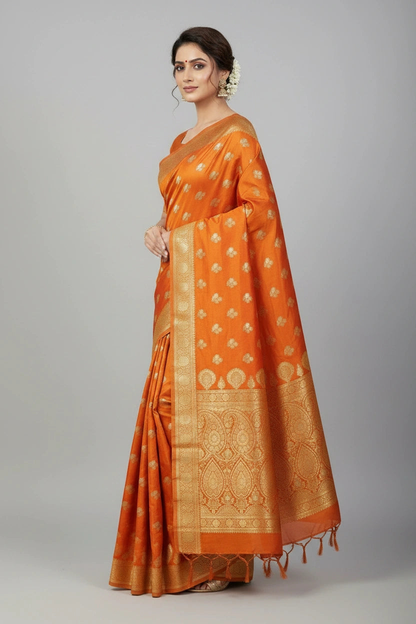 Woman wearing an orange saree with a pattern on a gray background