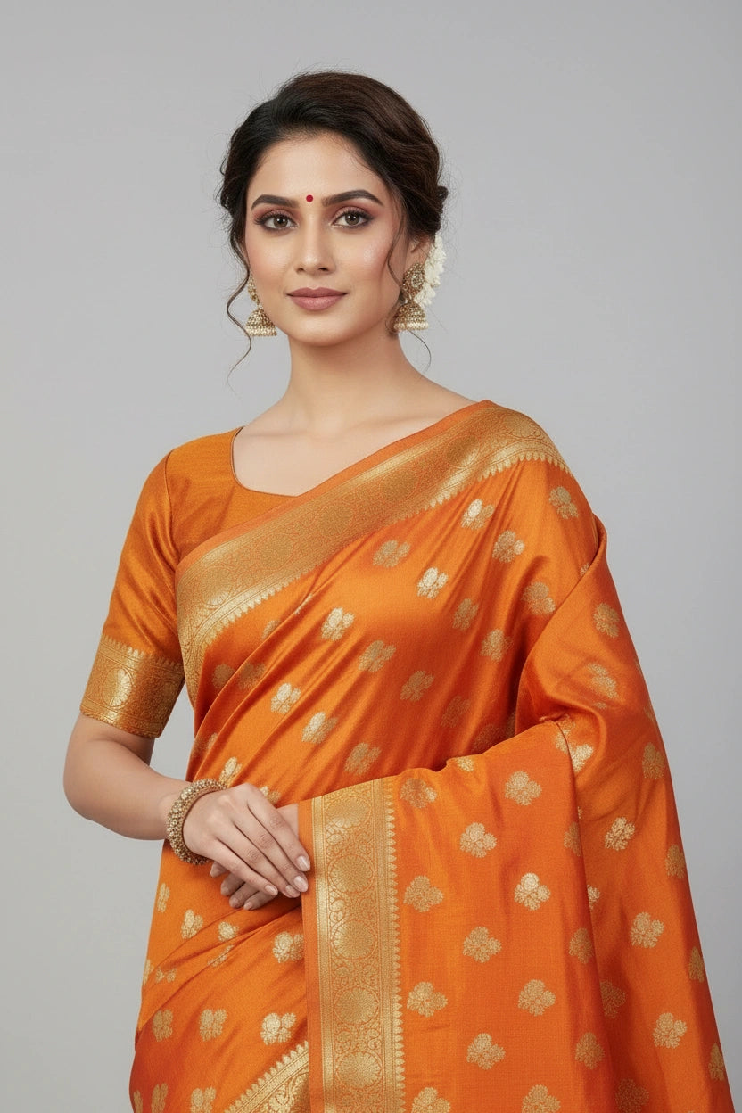 Woman wearing an orange saree with gold patterns on a gray background
