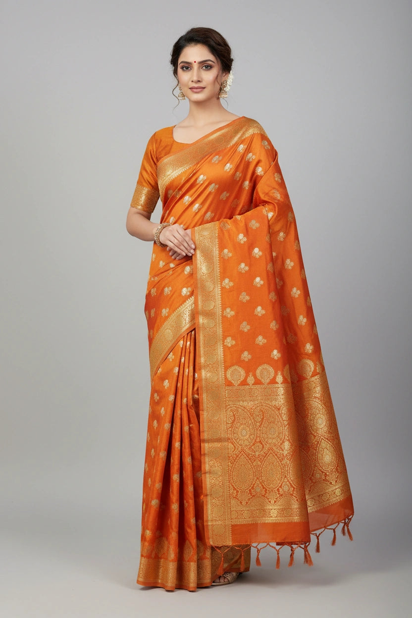 Woman wearing an orange saree with a gold border on a gray background