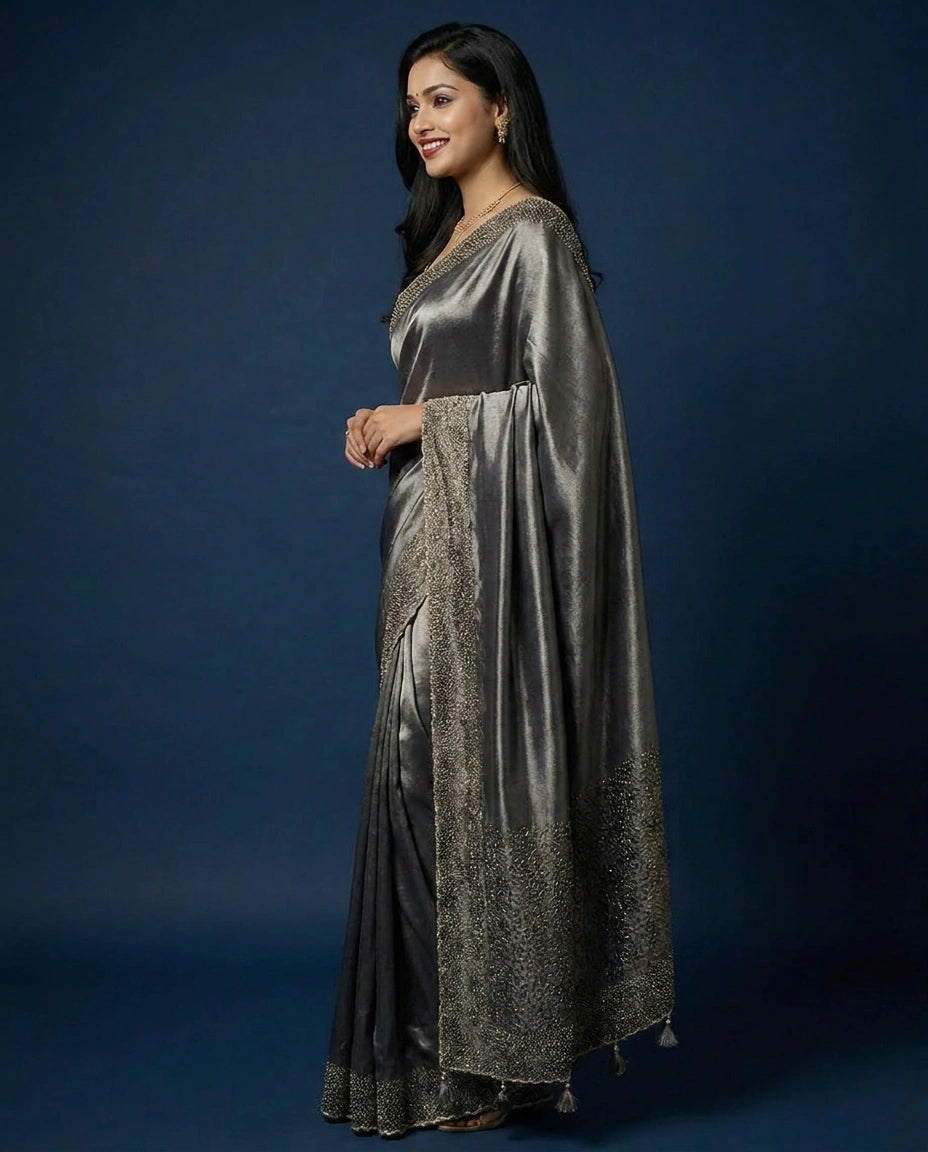 Tissue Embroidered Saree with Sequin and Beaded Detail - Rangoli India