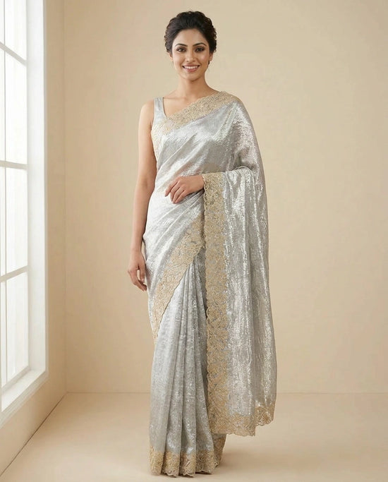 Tissue Embroidered Saree with Floral Motifs - Rangoli India