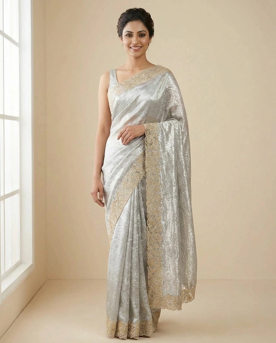Tissue Embroidered Saree with Floral Motifs - Rangoli India
