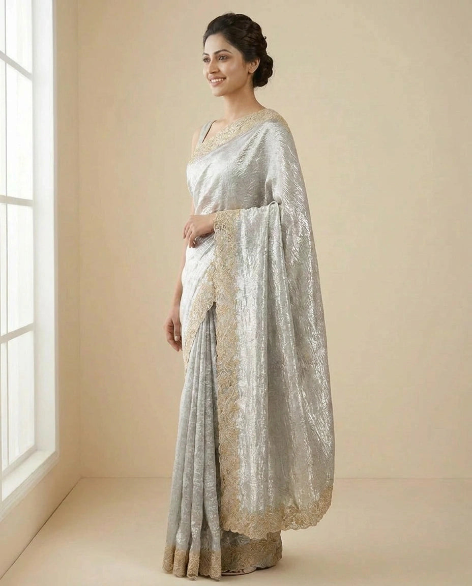 Tissue Embroidered Saree with Floral Motifs - Rangoli India