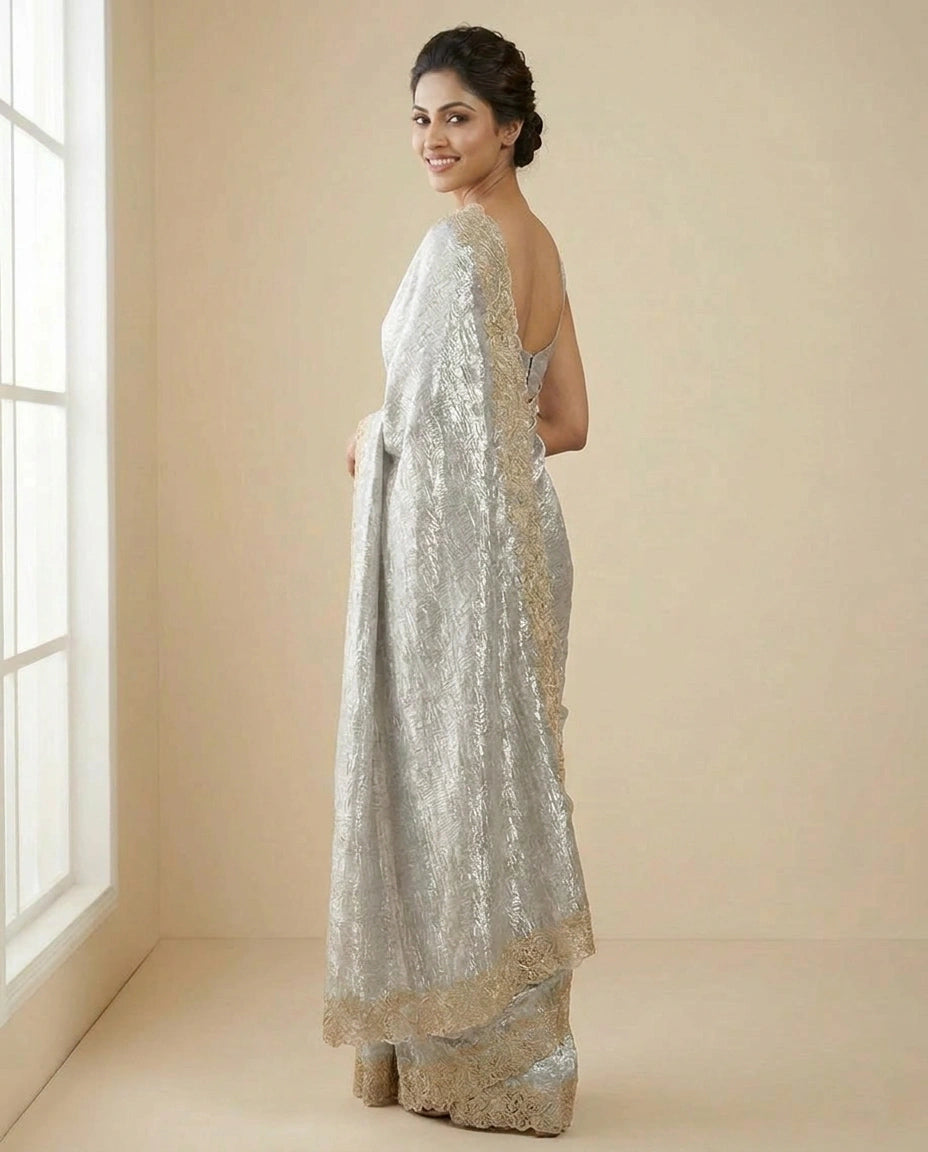 Tissue Embroidered Saree with Floral Motifs - Rangoli India
