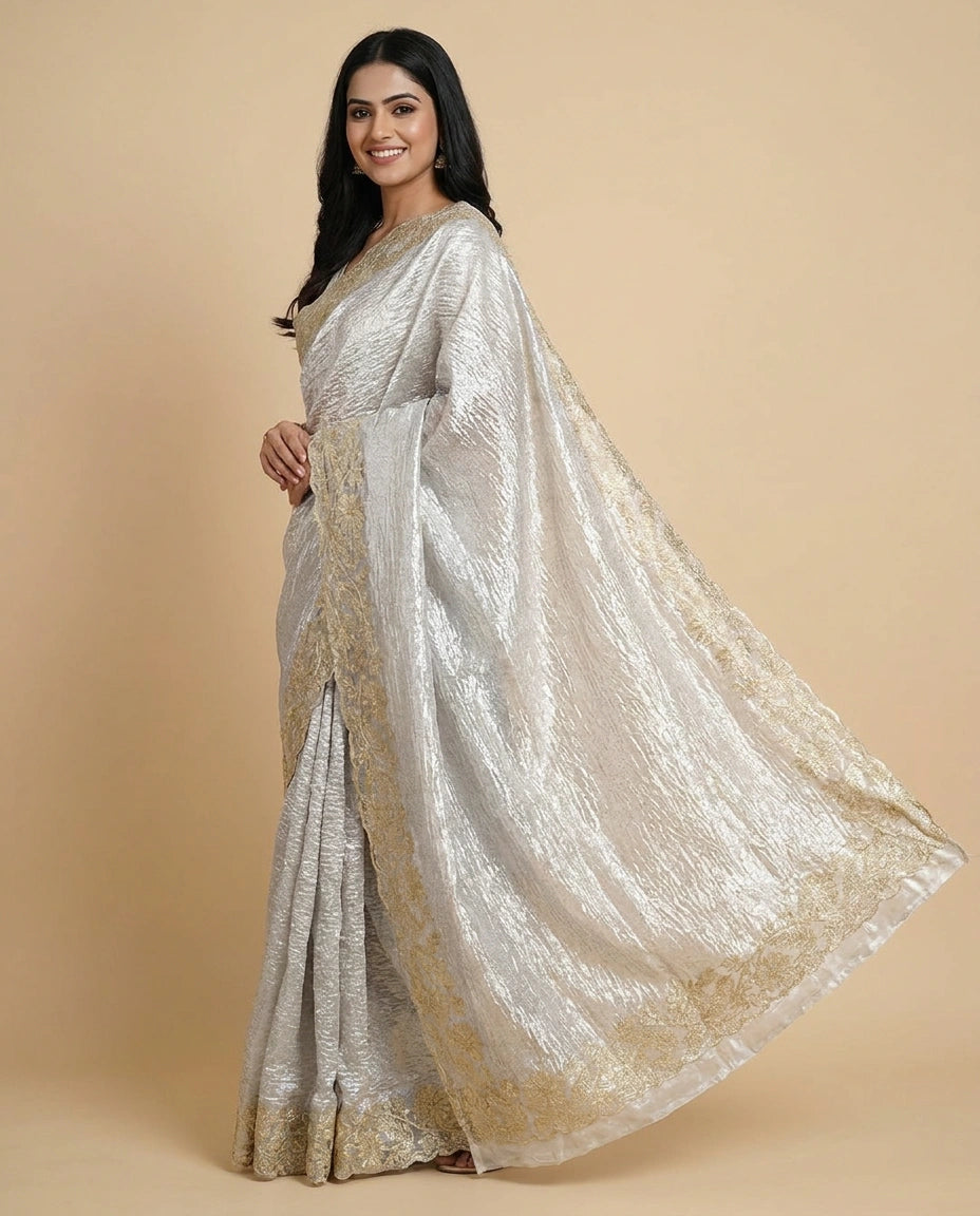 Tissue Embroidered Saree with Floral Motifs - Rangoli India