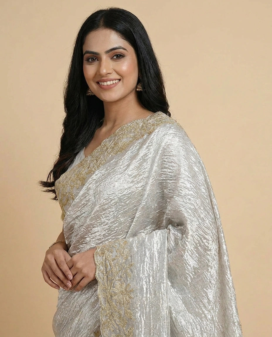 Tissue Embroidered Saree with Floral Motifs - Rangoli India