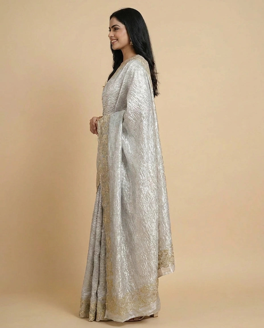 Tissue Embroidered Saree with Floral Motifs - Rangoli India