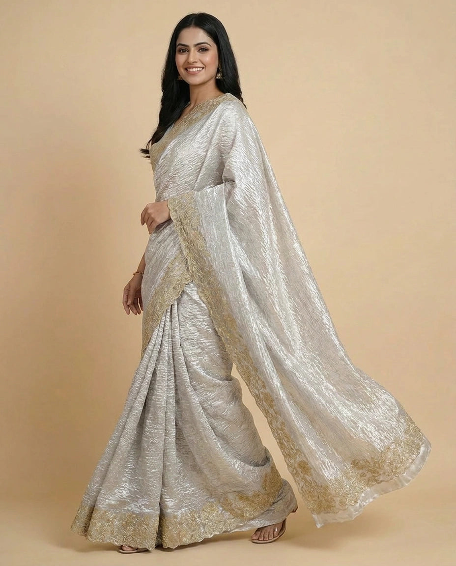 Tissue Embroidered Saree with Floral Motifs - Rangoli India