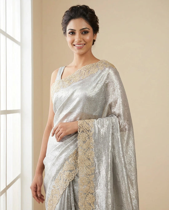 Tissue Embroidered Saree with Floral Motifs - Rangoli India