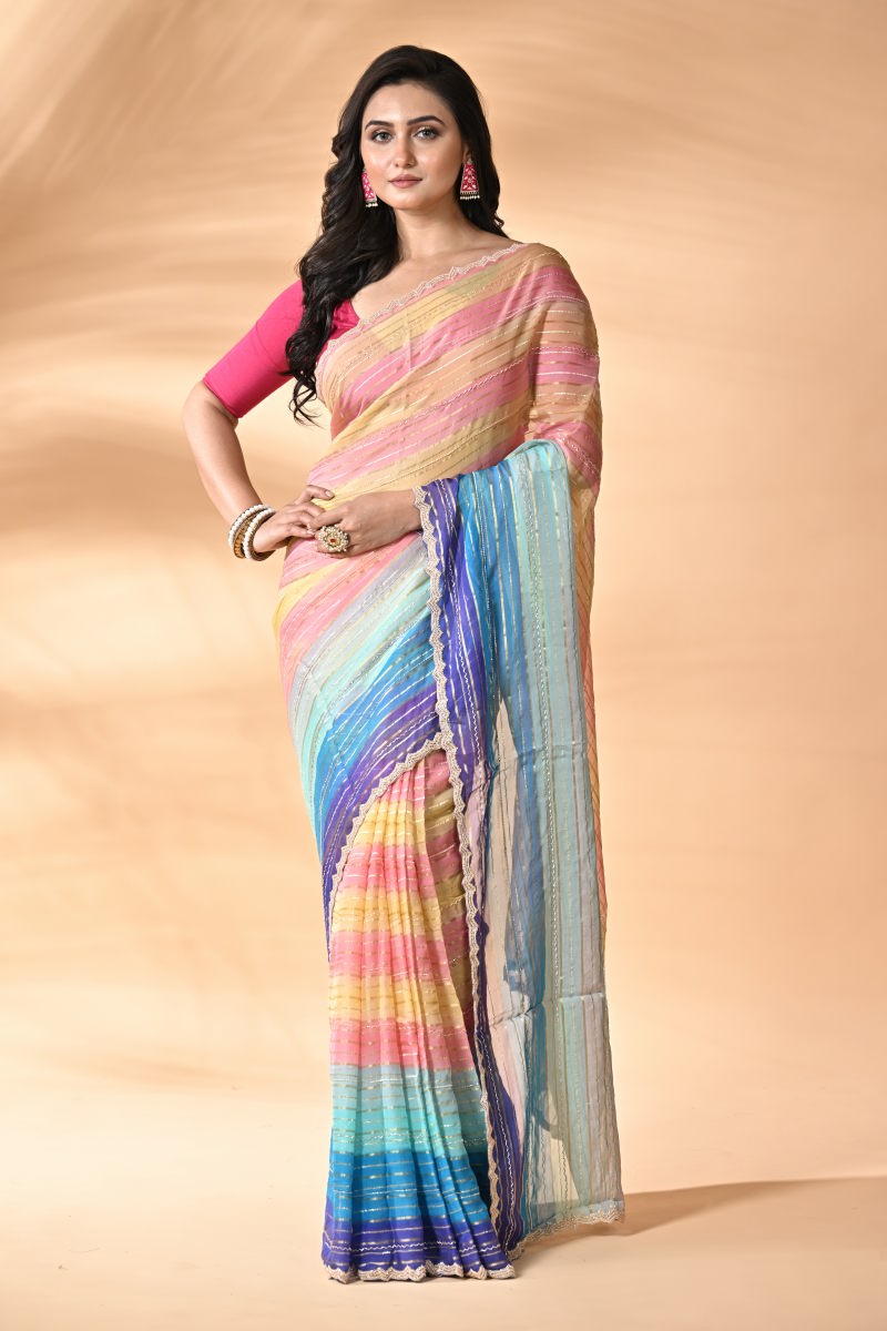 Peacock Blue Designer Organza Saree