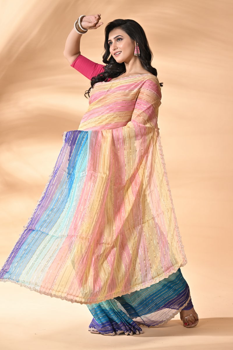 Peacock Blue Designer Organza Saree