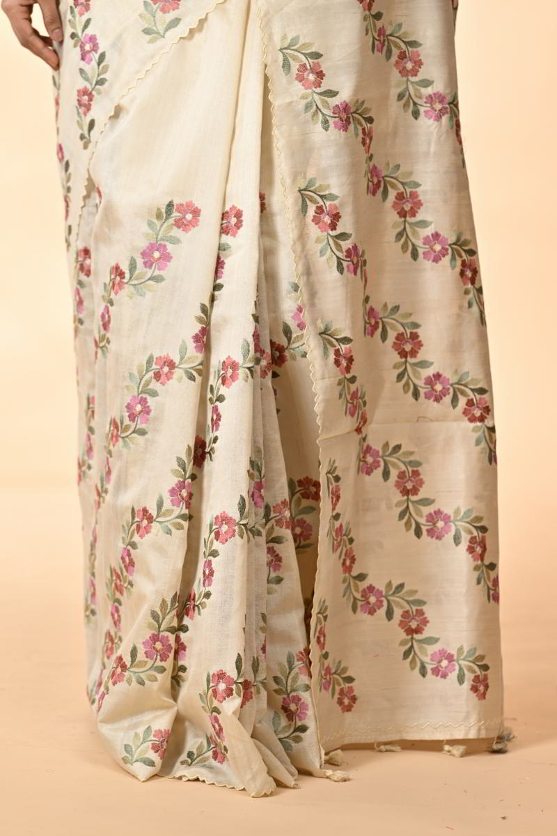 Beige Tussar Silk Saree