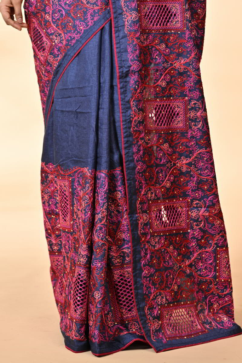 Navy Blue Tussar Silk Saree