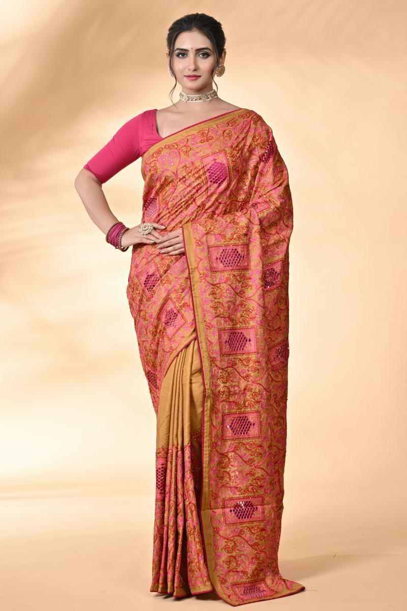 Mustard Tussar Silk Embroidery Saree - tussar; silk Indian ethnic wear by Rangoli