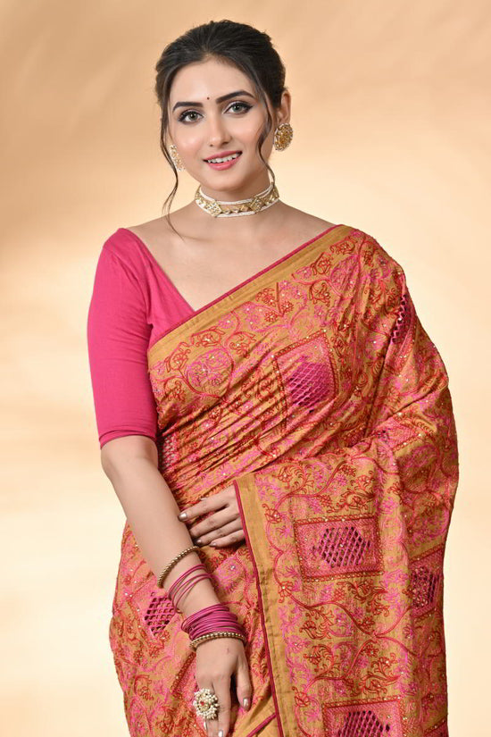 Mustard Tussar Silk Embroidery Saree - tussar; silk Indian ethnic wear by Rangoli
