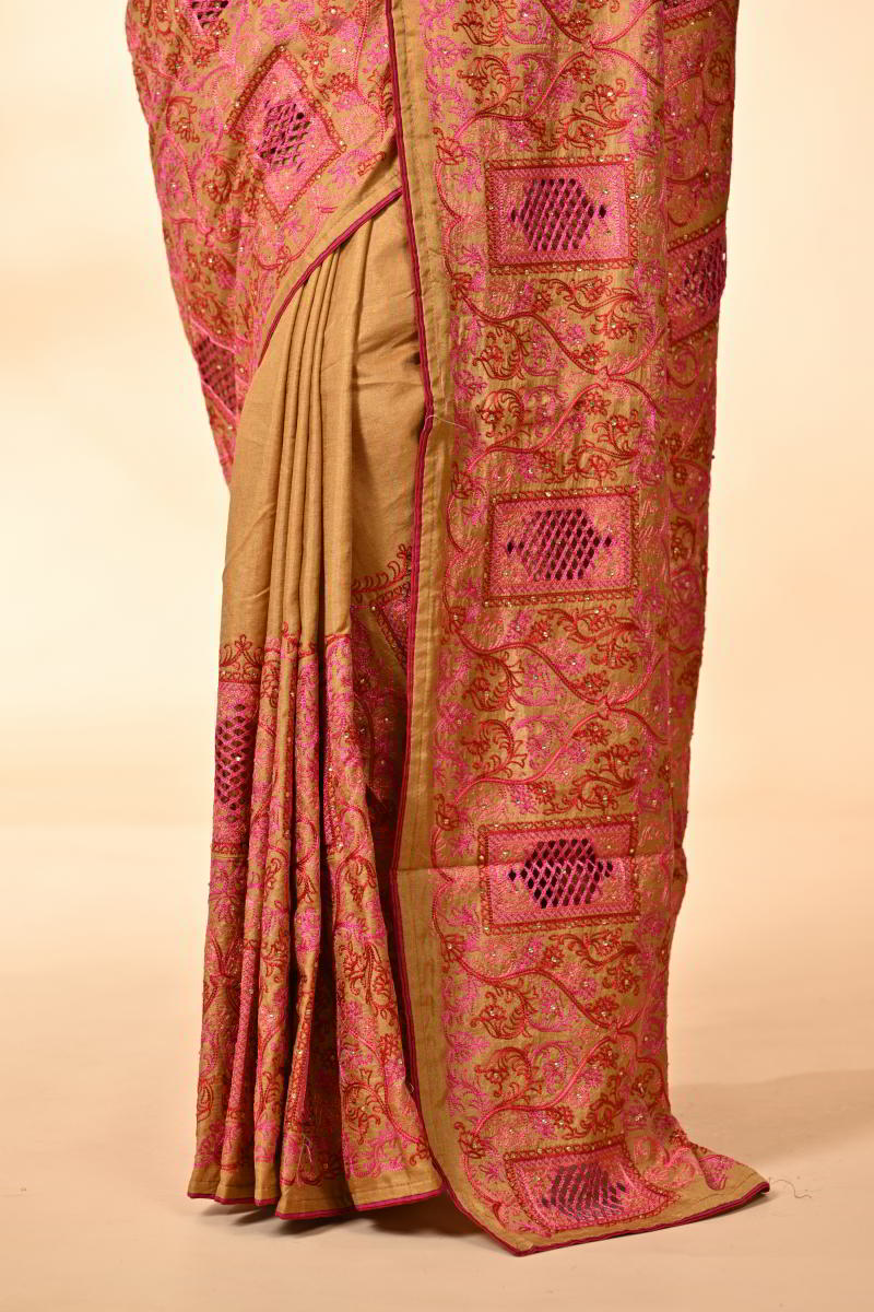 Mustard Tussar Silk Embroidery Saree - tussar; silk Indian ethnic wear by Rangoli