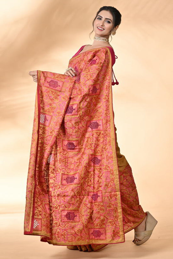 Mustard Tussar Silk Embroidery Saree - tussar; silk Indian ethnic wear by Rangoli