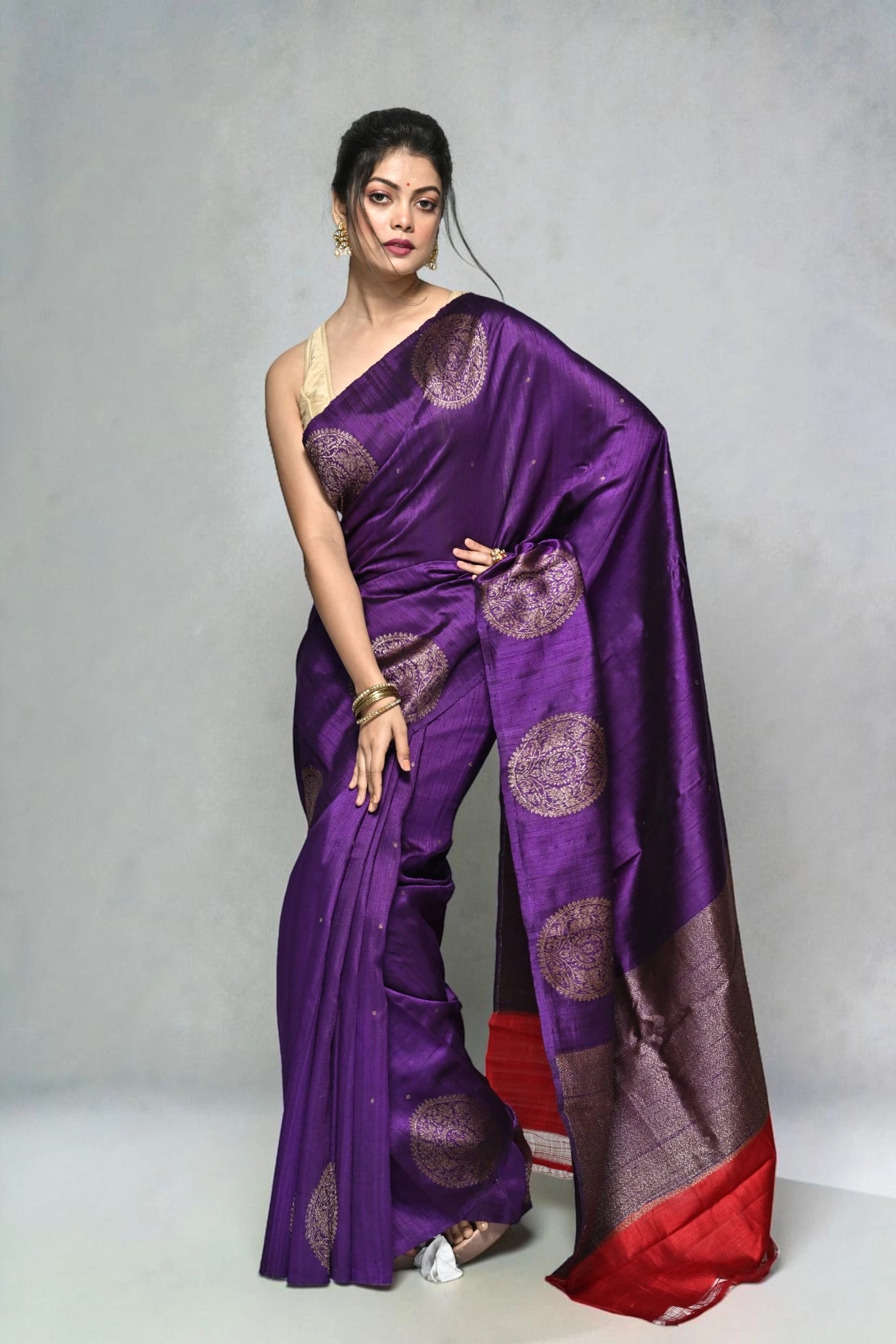 Woman wearing a purple saree with a red border on a gray background