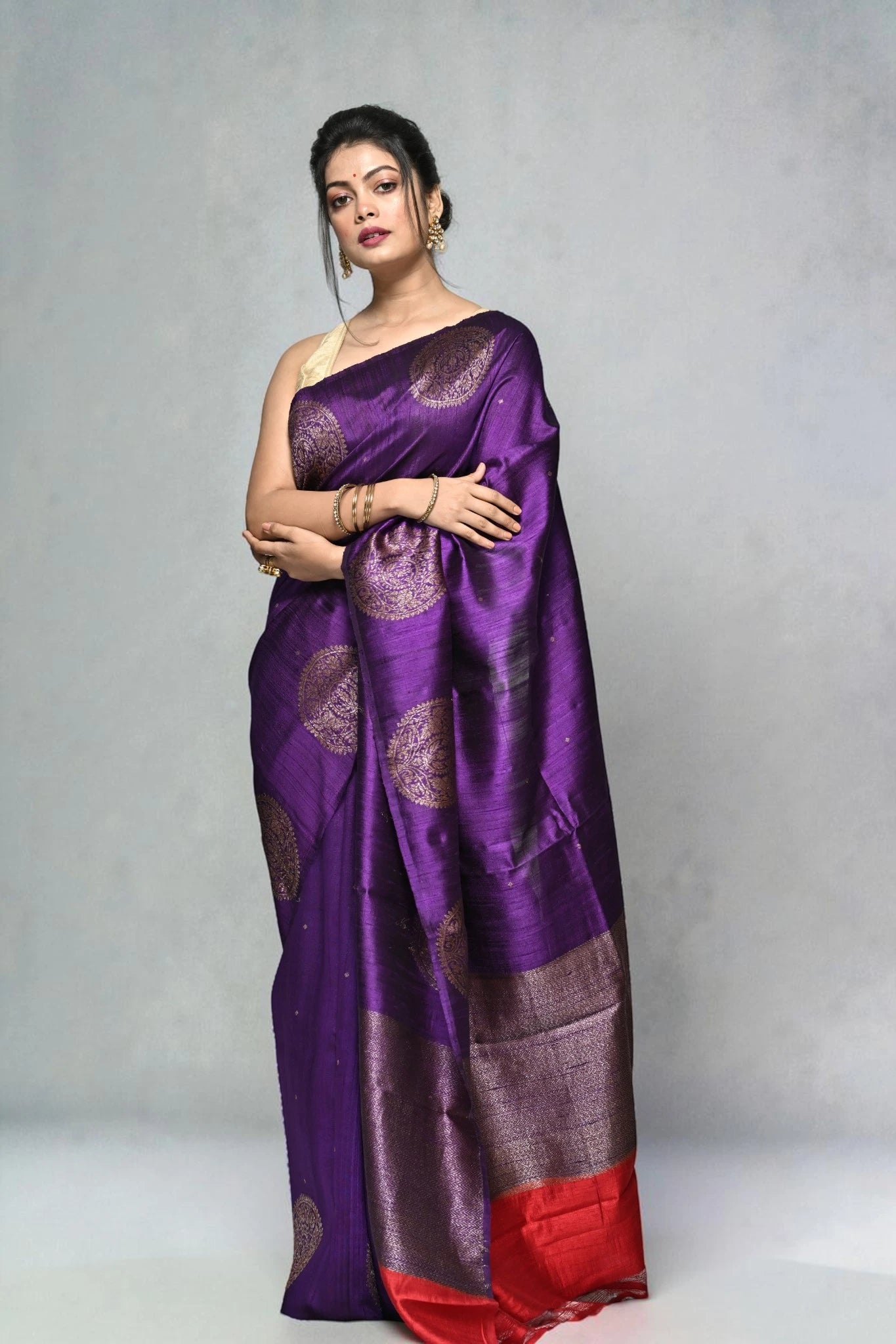 Woman wearing a purple saree with a red border on a gray background