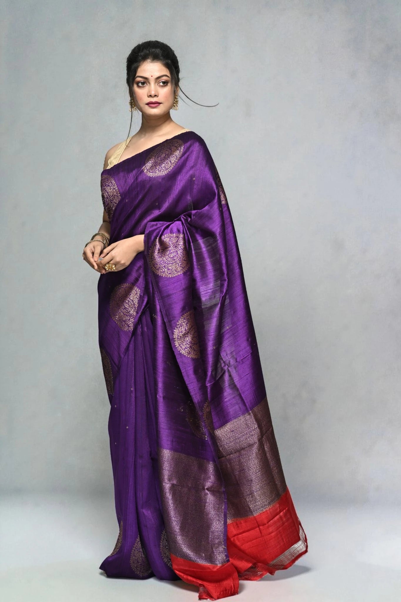 Woman wearing a purple saree with a red border on a gray background