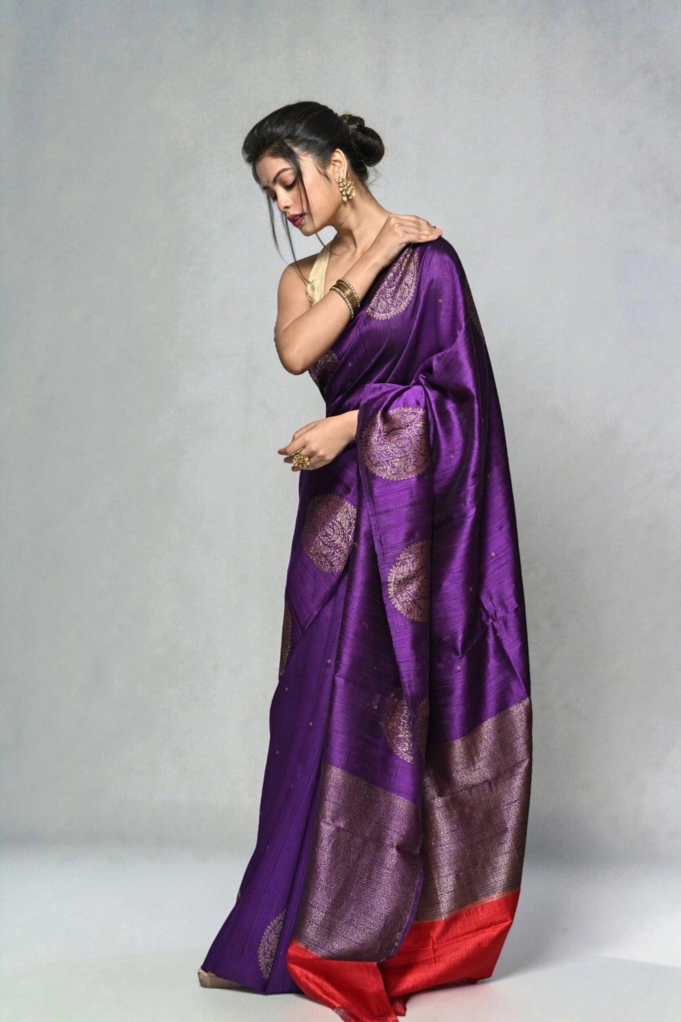 Woman wearing a purple saree with a red border on a plain background